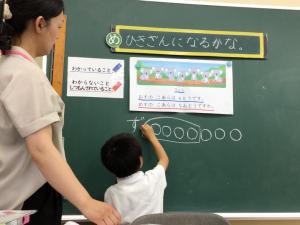 黒板に図をかく1年生の子ども